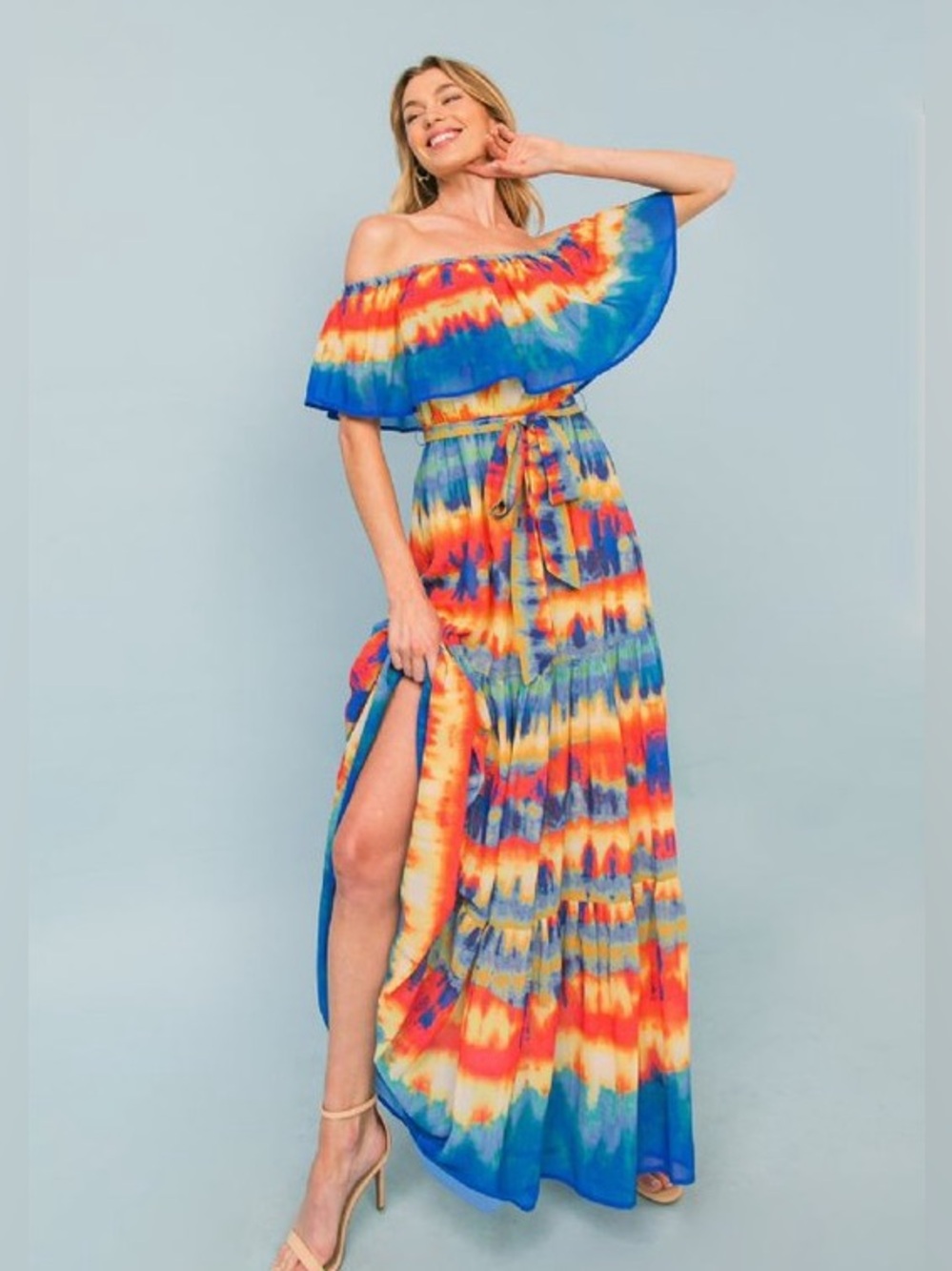 NWT Luxury Woven Comfy Colorful Tie-Dye Off-Shoulder Maxi Dress